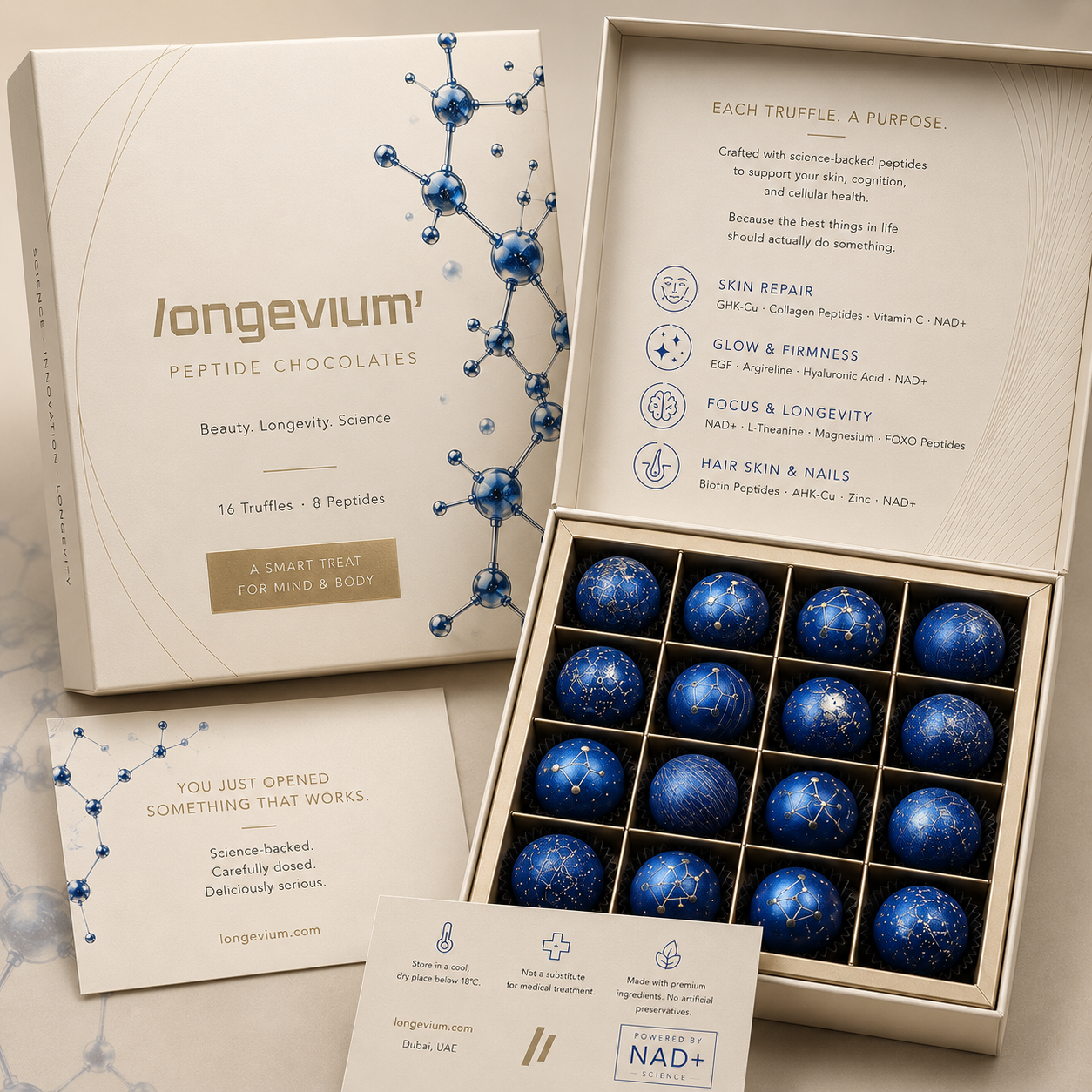 longevium' TREATS peptide chocolates box, 16 truffles